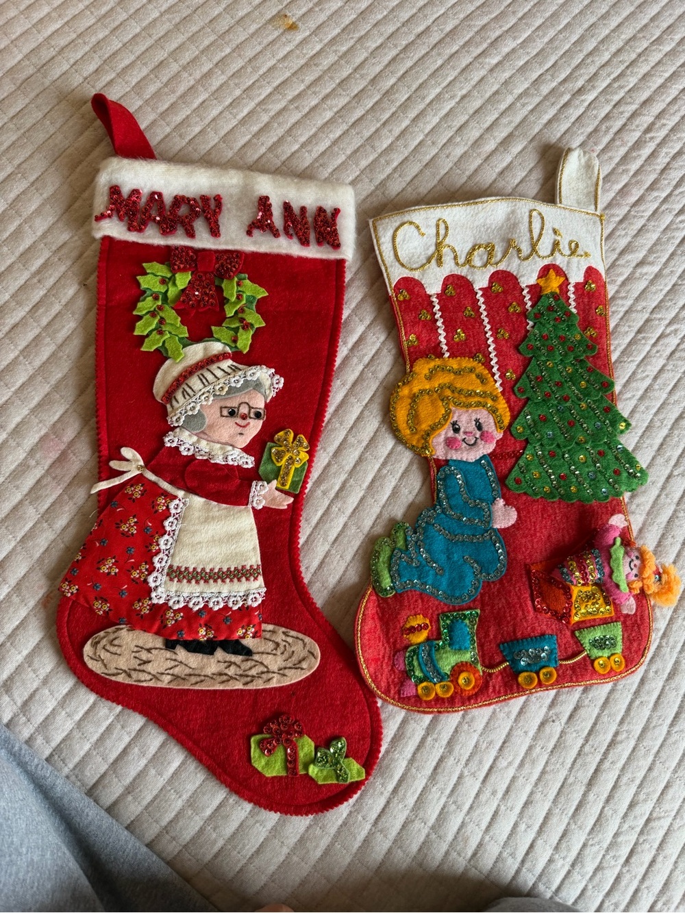 Vintage Personalized Red Christmas Stocking - Mary Ann & Charlie Set